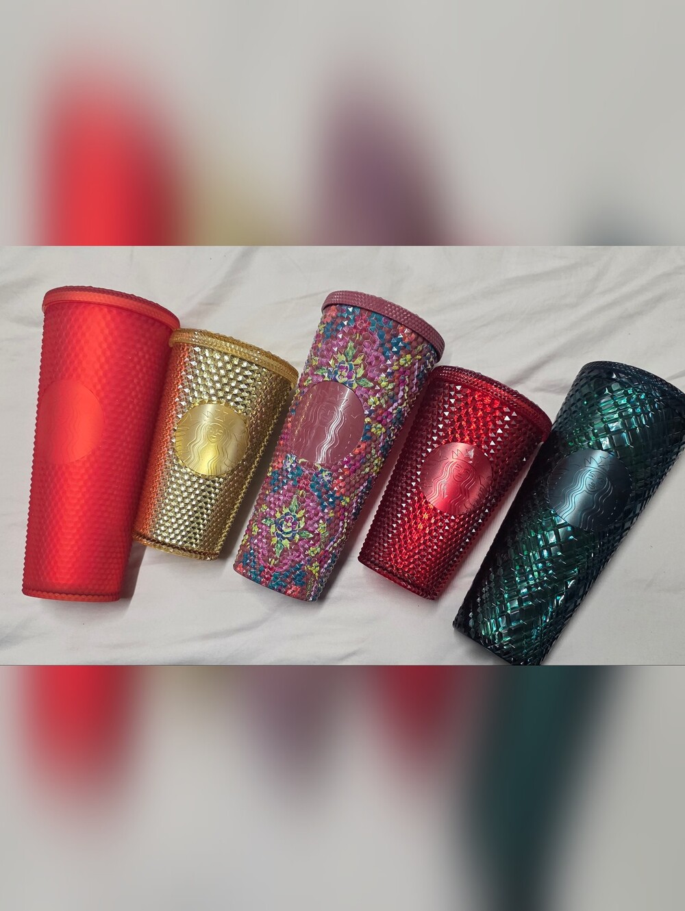 Lot Of Starbucks Textured Tumblers Floral Red Gold Green